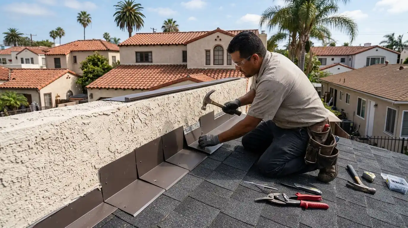 New step flashing and counterflashing at a stucco wall