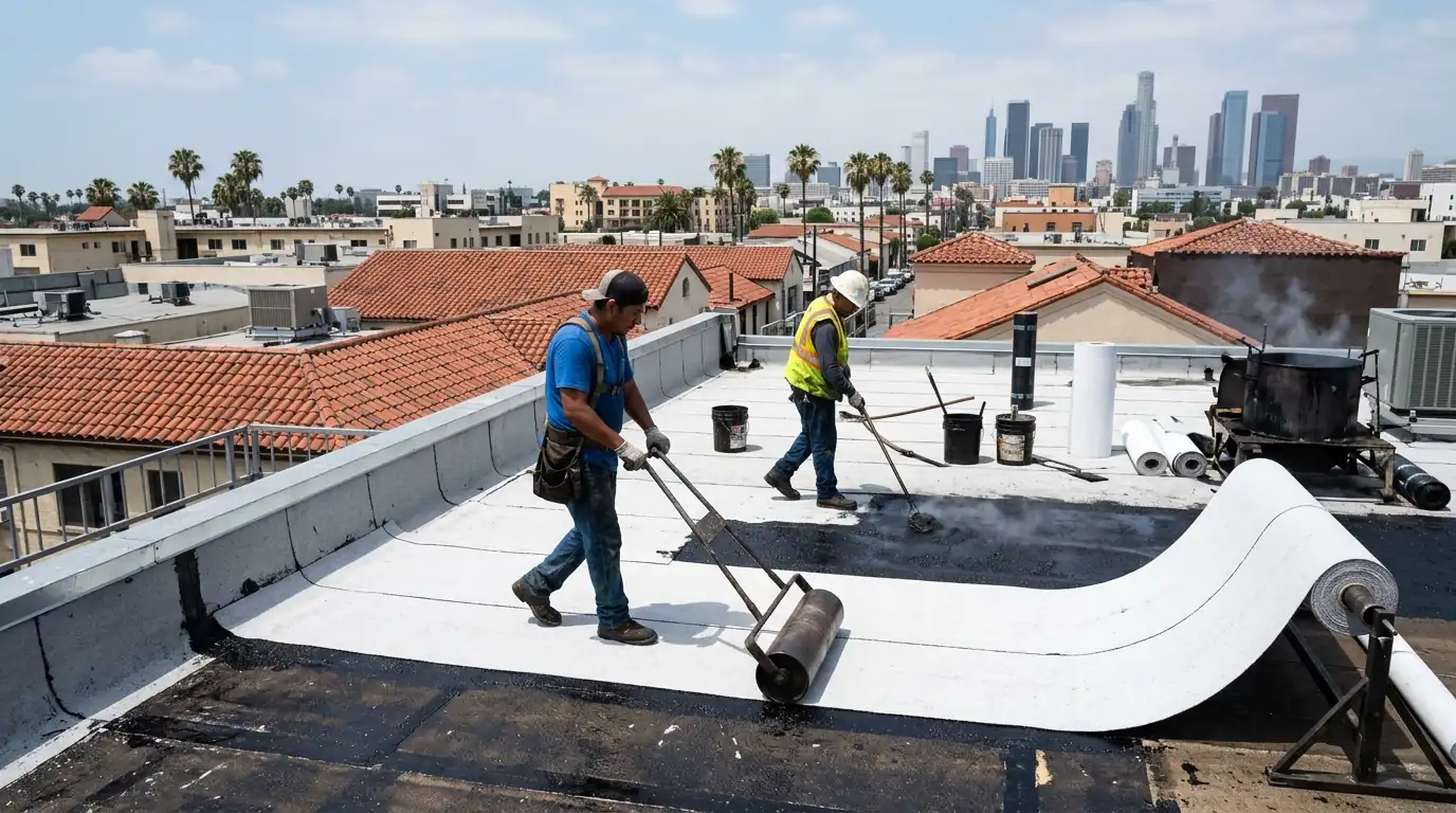 New built-up roof finished with a white cap sheet
