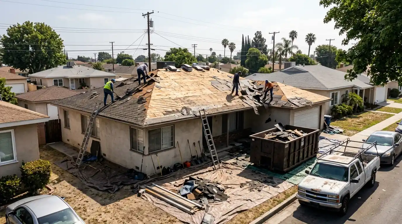 Old shingle layers being torn off a post-war home in Downey
