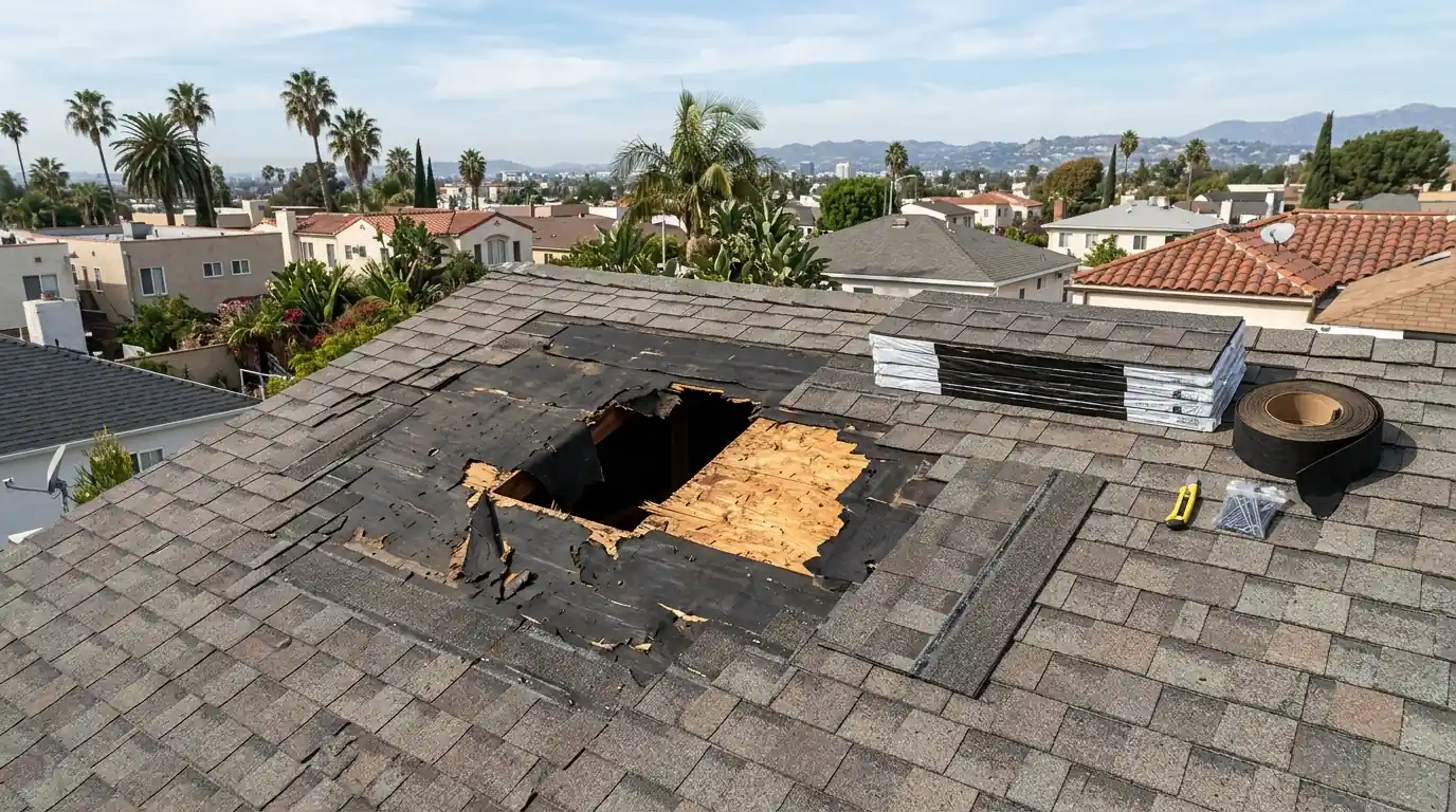 Missing shingles on a slope with matched replacements ready