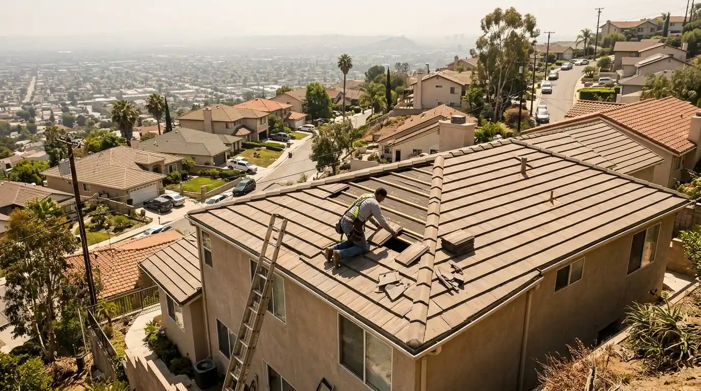 Roofer replacing wind-damaged tile on a Montebello hillside home