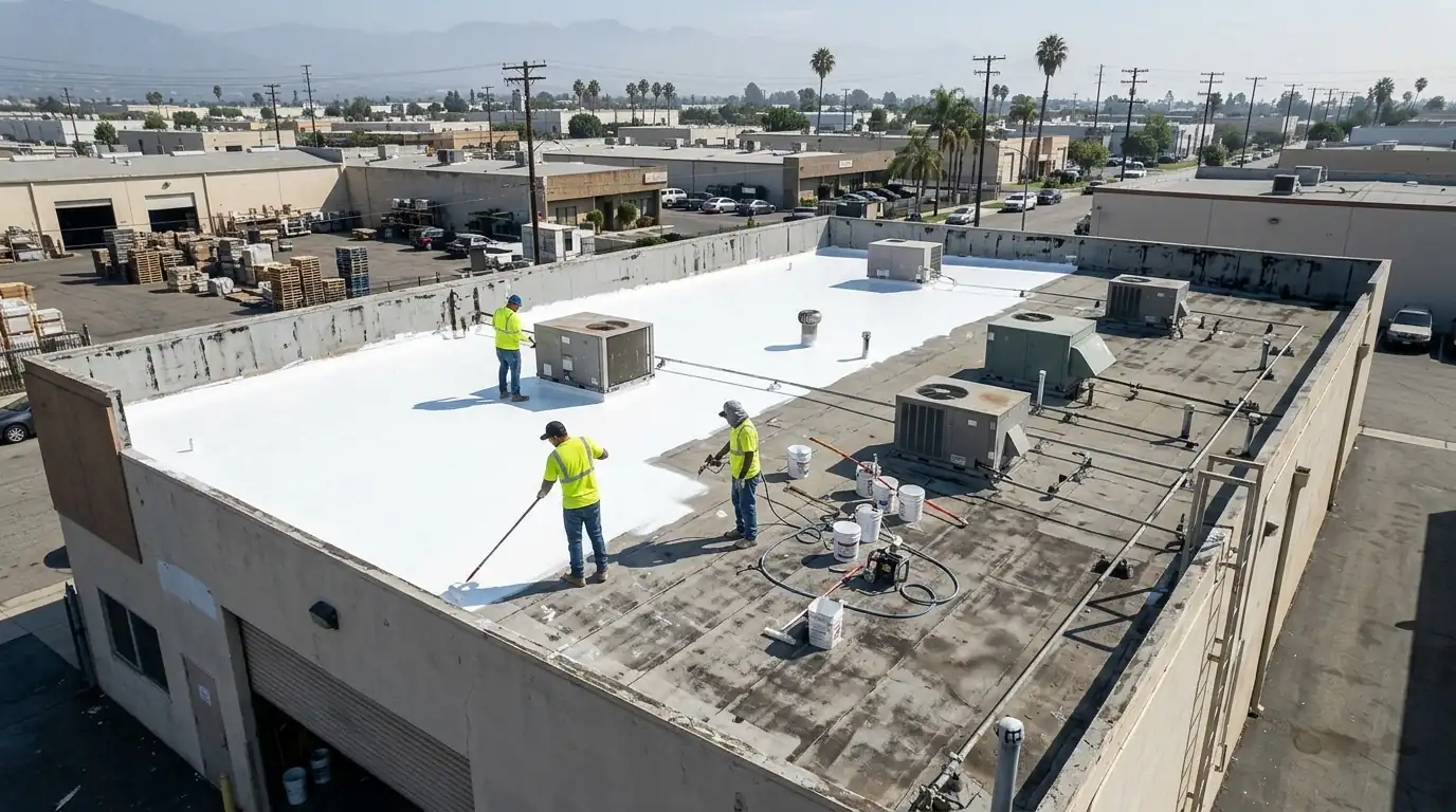 Roofers coating a flat commercial roof in El Monte