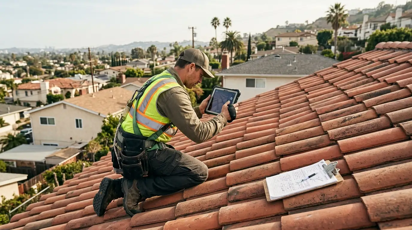 Inspector photographing a roof slope for a report
