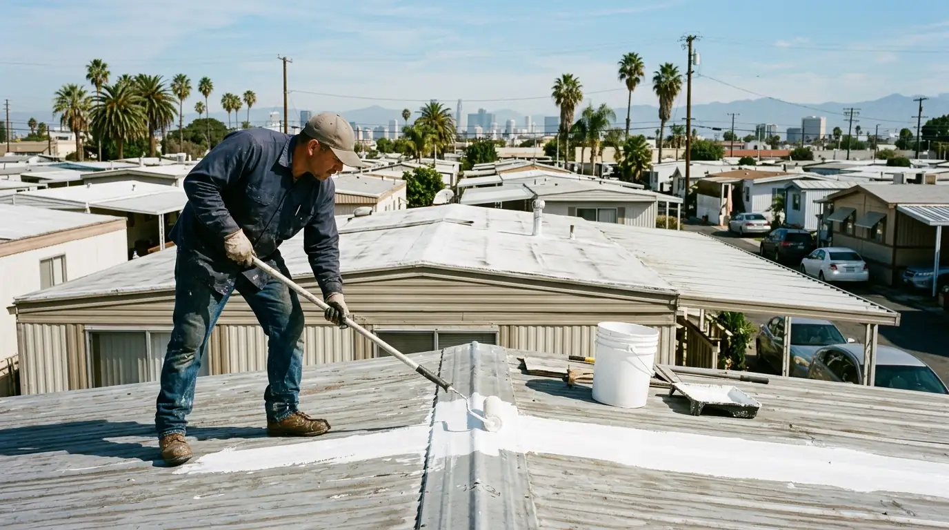 White coating rolled over a metal mobile home roof