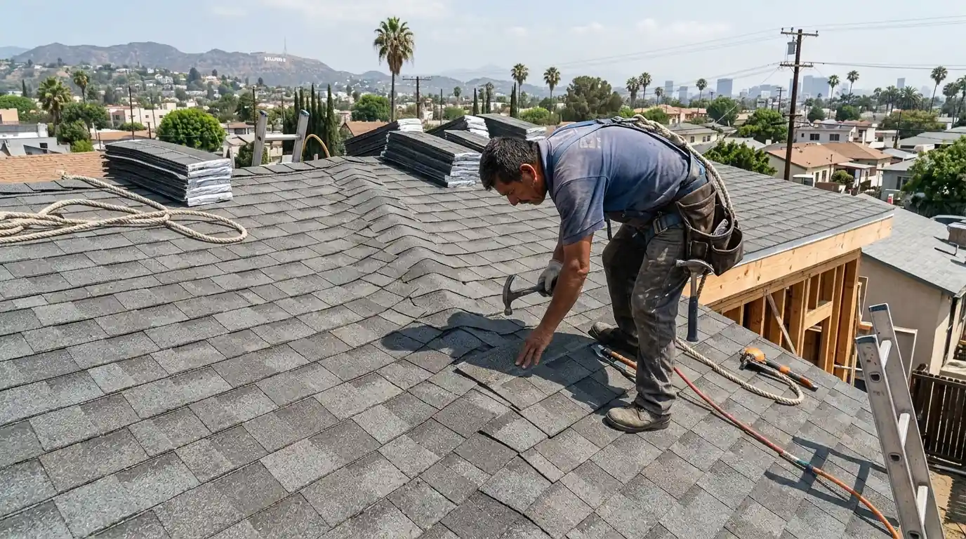 New shingles woven into an old roof at an addition
