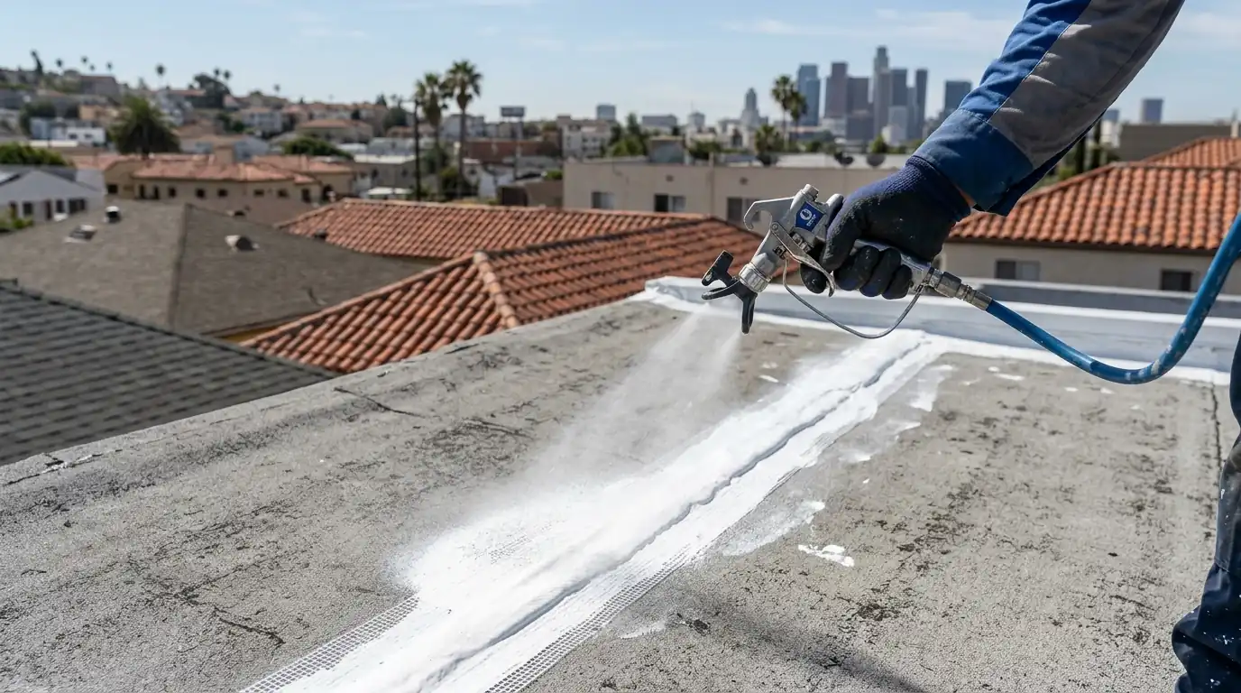 Silicone coating sprayed over flat roof seams