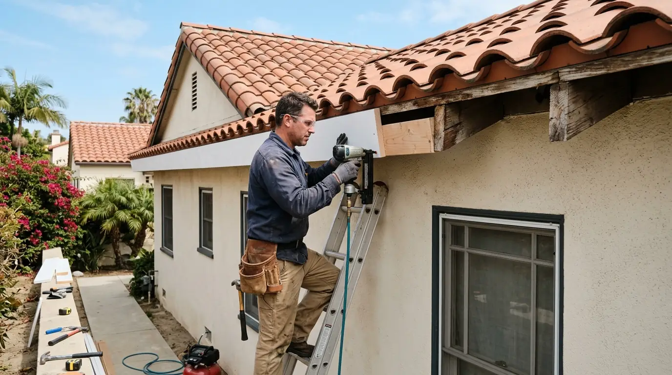New primed fascia board being fitted under a Los Angeles eave