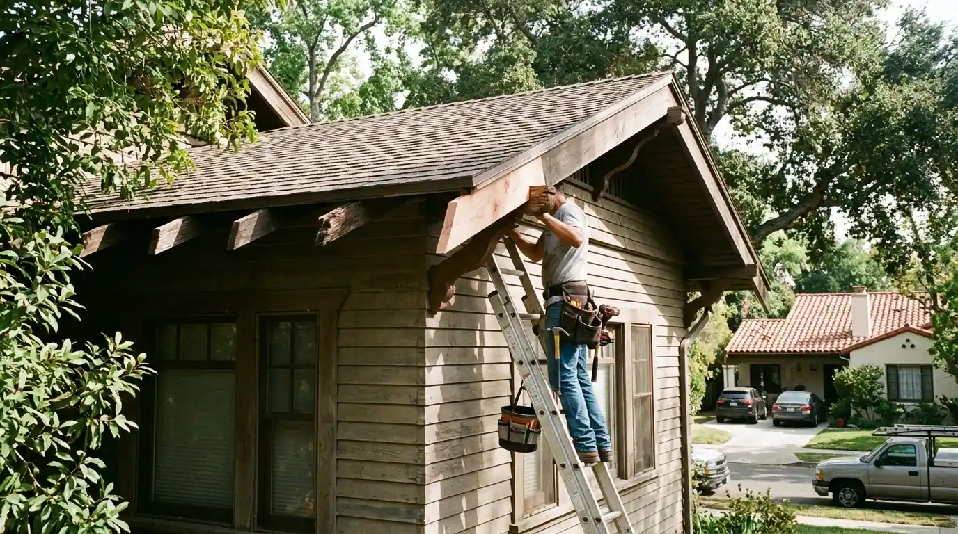 Roofer matching a rafter tail on a South Pasadena Craftsman