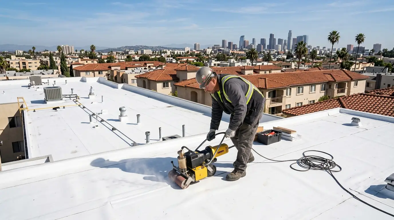 Roofer hot-air welding a TPO seam