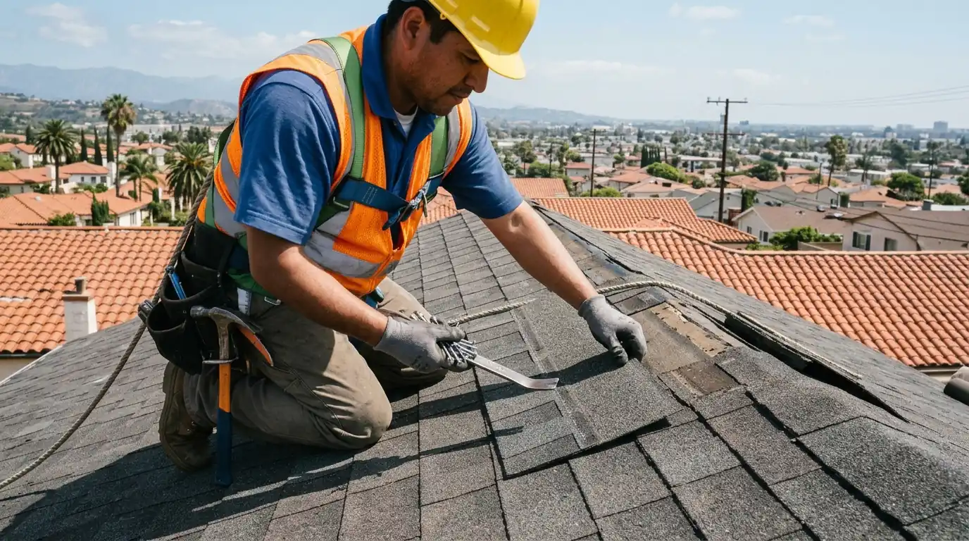 Roofer sliding a matched shingle into place