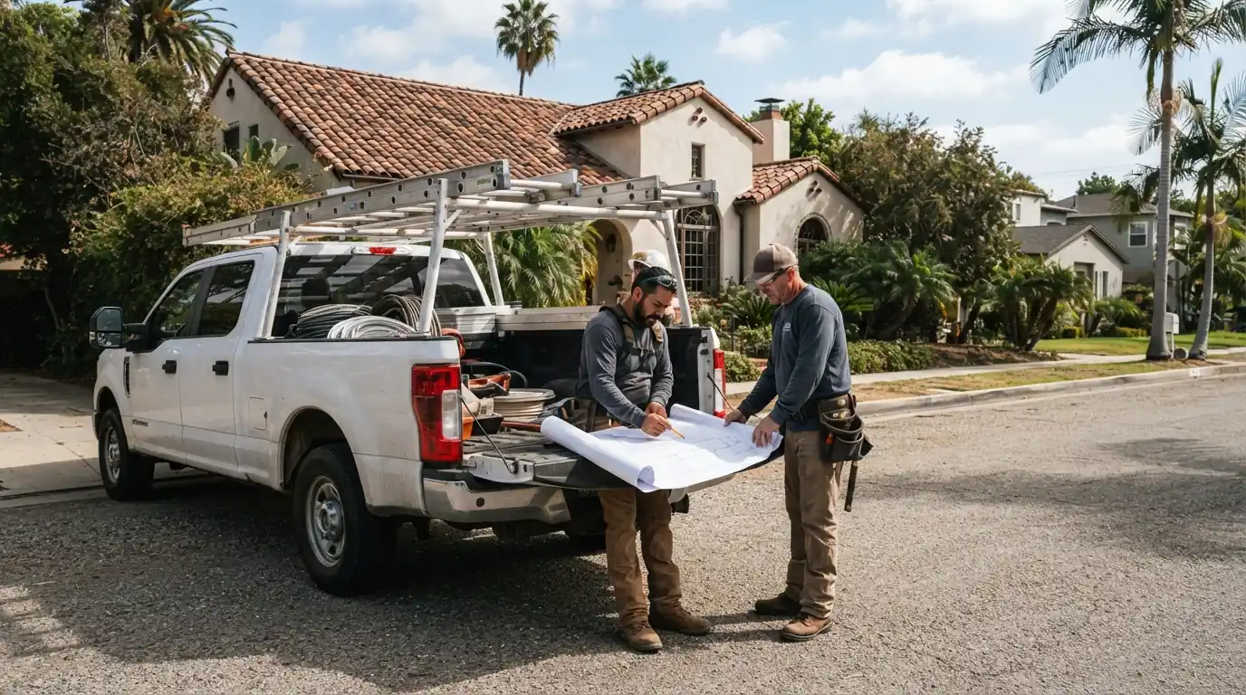 Two roofers reviewing a plan on a truck tailgate in front of a Los Angeles home